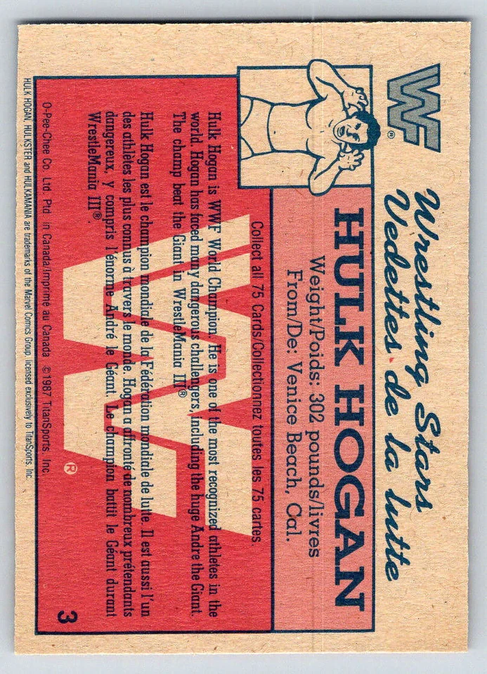 1987 O-Pee-Chee WWF #3 Hulk Hogan (ref 219738) - Image 2 of 2