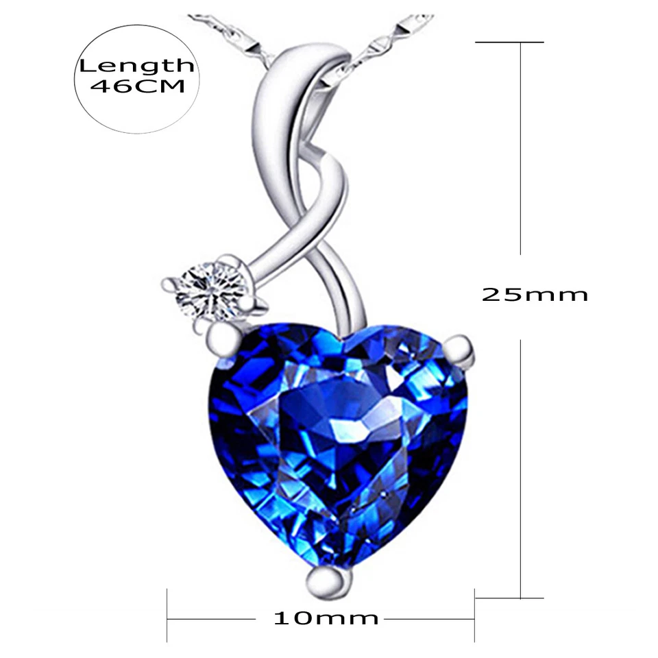 Colar pingente feminino prata esterlina coração simulado safira azul pedra do nascimento - Imagem 2 de 4