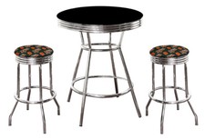 MLB Black and Chrome 3PC Bar Table Set w/Team Fabric Covered Swivel Seat Cushion