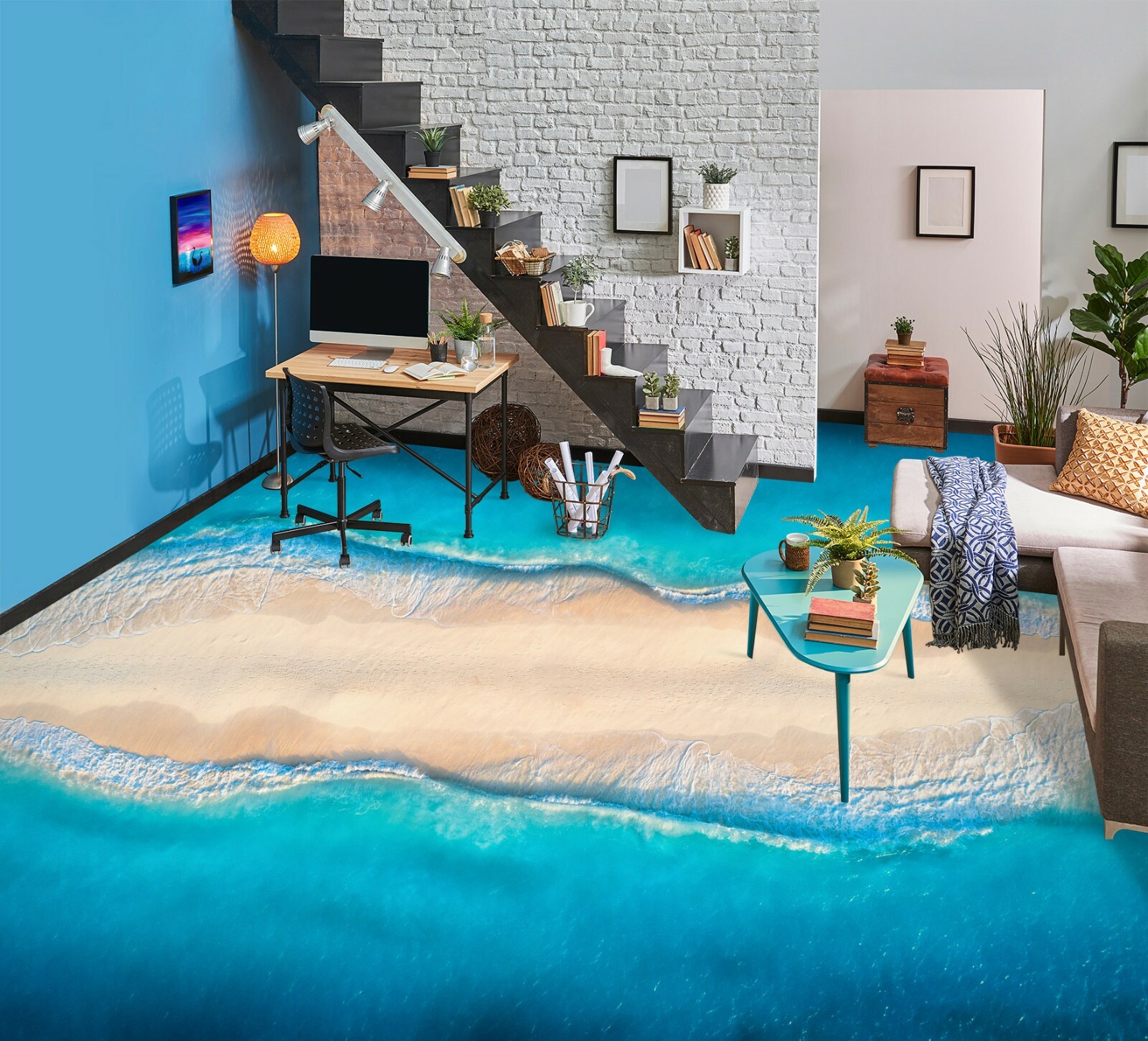 3D Blue Sea Beach PKE1186 Floor WallPaper Murals Wallpaper Mural Print Bea