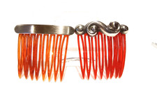 Mexico vintage pair of sterling silver and plastic hair combs or barrettes