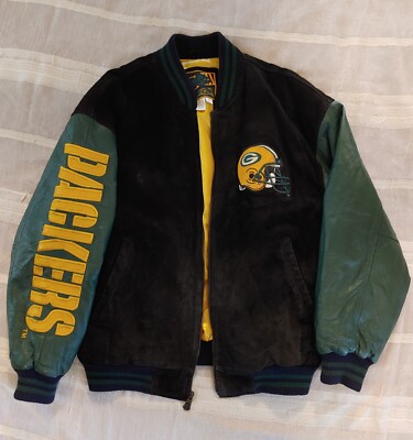 Vtg 90s Green Bay Packers Leather Suede Zip Up Carl Banks Jacket