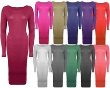 Ladies Women Long Sleeves Plain Bodycon Summer Stretch Dress Long Maxi Plus Size