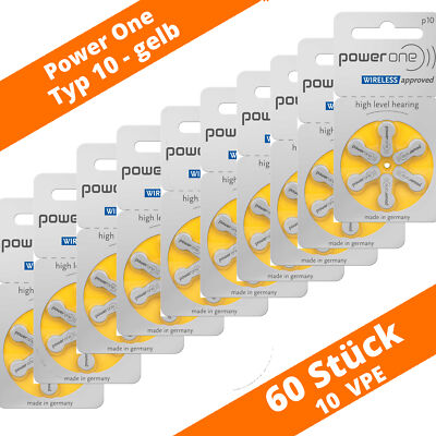 60 x Varta Power One Typ 10 PR70 DA10 Hörgerätebatterien 1,45 V Zink Luft Gelb