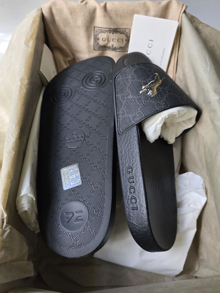 GUCCI GG Supreme Logo Tigers Print Black Slides Men's US 7 GUCCI GG Supreme Logo Tigers Print Black Slides Men's US 7