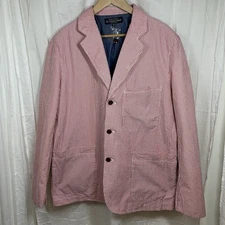 The J. Peterman Company 100% Cotton Red & White Seersucker Blazer Size 46 New