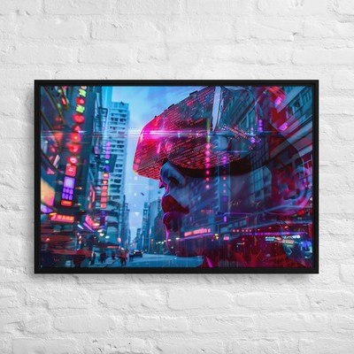 Cyberpunk VR Headset Wall Art, Cityscape, Futuristic Street, Tech Noir Decor