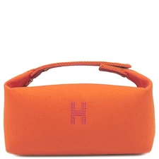 HERMES Pouch Braid A Black PM Toile Chevron Orange Handbag Vanity Bag Toile H