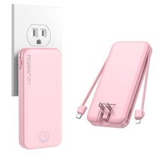Portable Charger 10000mAh Pink, Built-in Wall Plug, Fast Charging Power Bank