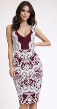 Lipsy Bodycon Dress Size 16 Red Party Occasion Wedding Burgundy White Lace