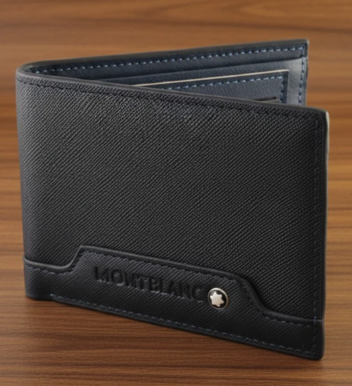 Cartera para hombre Montblanc de cuero azul de grano suave doble pliegue - {Envío gratuito} Foto 4 de 4