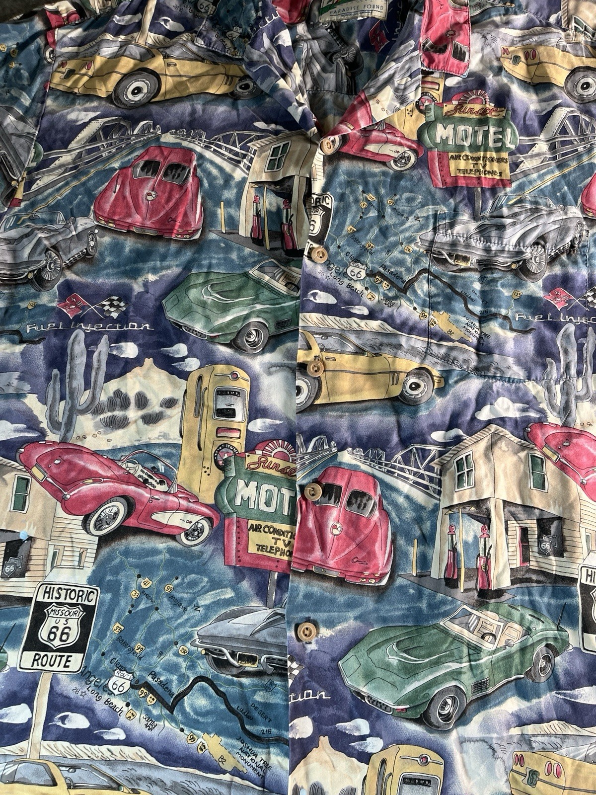 Vintage Paradise Found Hawaiian Shirt Men Route 66 Corvette Cars Chevrolet 2XL