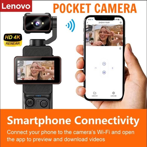 Lenovo 4K Handheld Action Camera Rotating Screen Stabilisation Wi-Fi Video UK