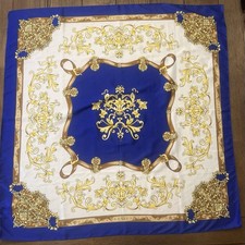 Vintage Scarf of Italy Floral Filigree & Belts Polyester 34” 34” Royal Blue Gold