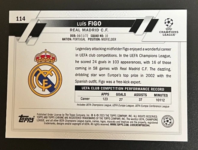 Luis Figo 2022-23 Topps Chrome UCL Sapphire Edition Image Variation #114 - Image 2 of 2