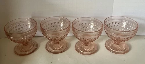 Vintage Anchor Hocking Pink Glass Hob Nail Sherbet Desert Dish Cups Set Of 4