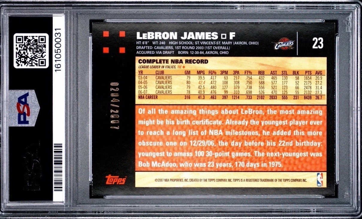 2007 TOPPS GOLD #23 LEBRON JAMES 204/2007 PSA 6 view 2