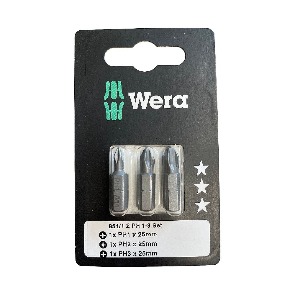Wera 851/1 Z Phillips Screwdriver Bits PH1/PH2/PH3 Multipack 1/4"" Hexagon Drive