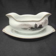 Fukagawa Arita Landscape Gravy Boat w/ Attached Underplate Hand Painted Pagoda