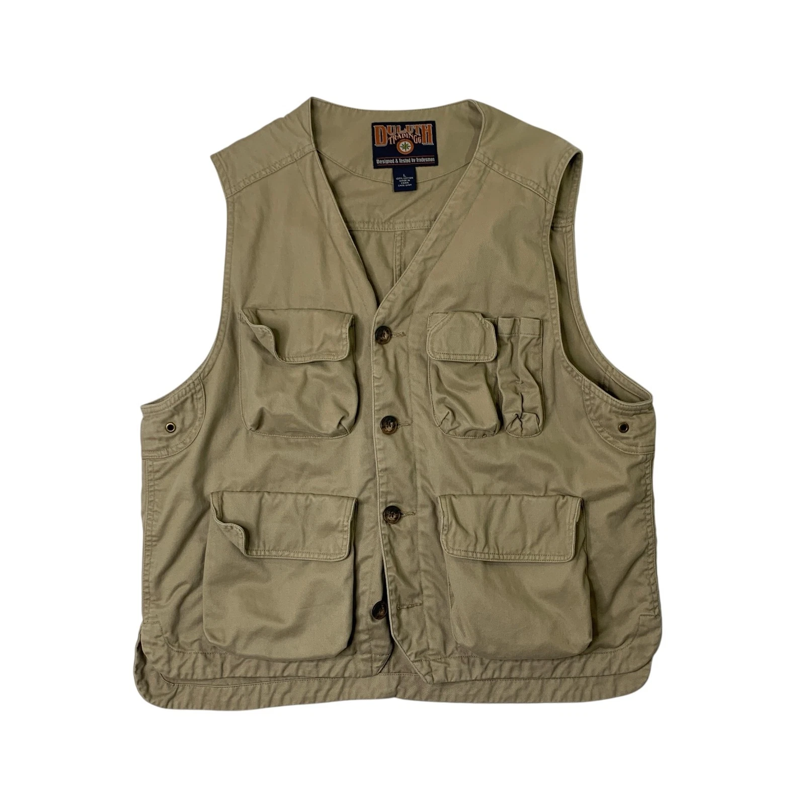 Duluth Trading Vest Mens Large Cotton Utility Outdoor Fishing Hunting Button Up
