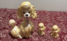 Vtg 1950s Kitsch Yellow Poodle 3 Pc (Mom & Puppies on chain)  Ceramic Figurines