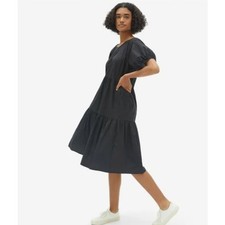 EVERLANE The Tiered Cotton Poplin Puff Sleeve Midi Dress Black Sz 4 {RR52}
