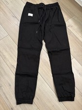 Black Jogger Pants L Cotton Elastane Elastic Waist Drawstring Solid Men