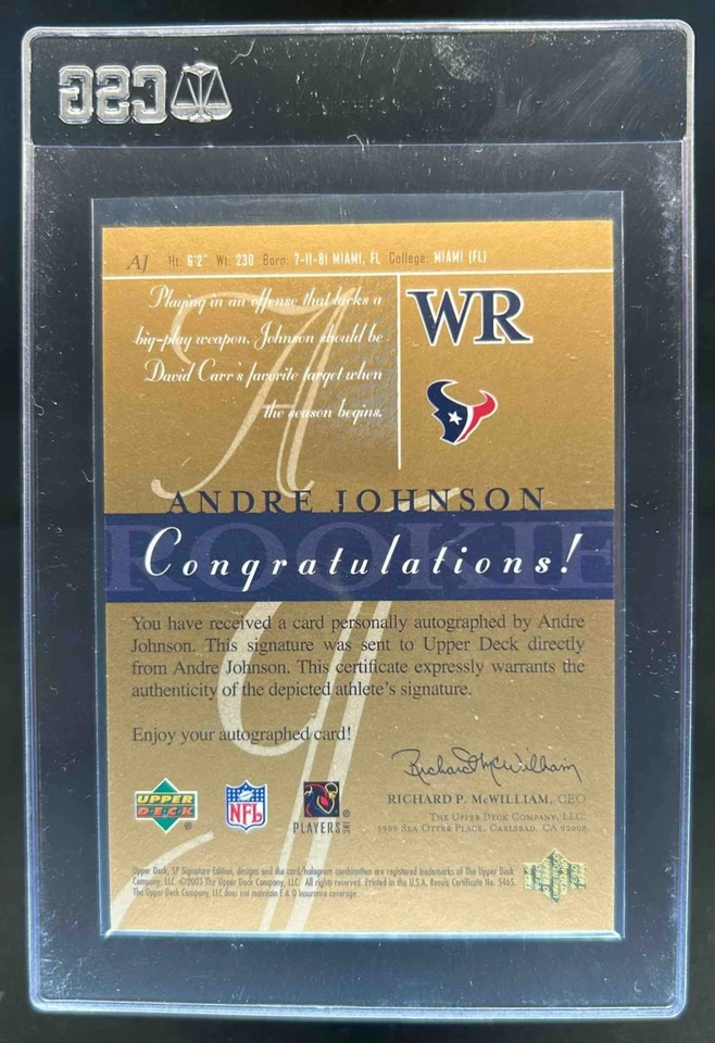 2003 SP Signature Edition Andre Johnson Auto Red Ink Rookie RC #22/100 Texans - Image 2 of 2