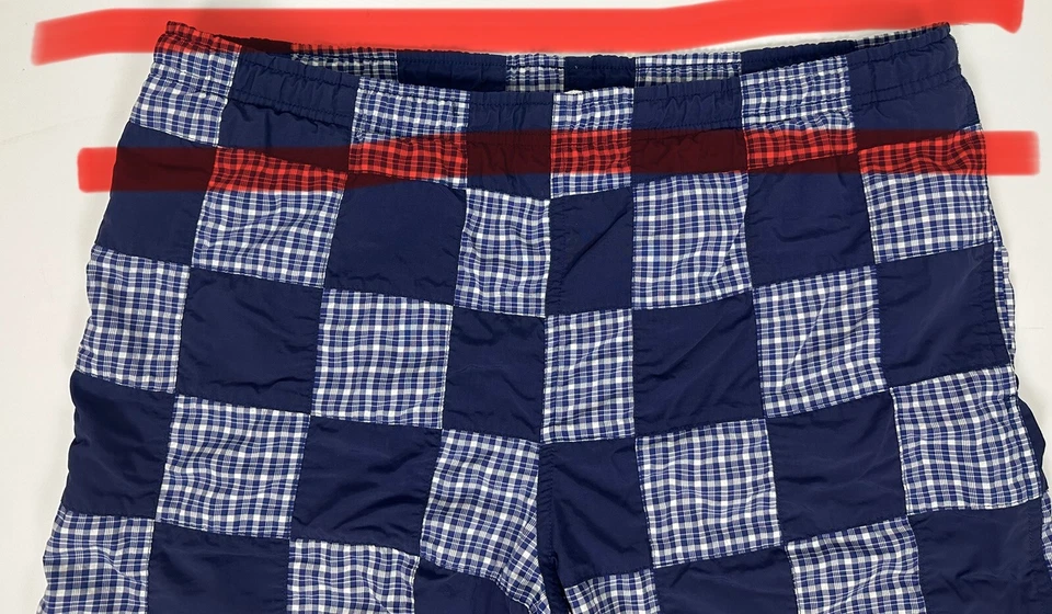 Vintage 90s LANDS END Patchwork Swim Trunks M Gingham Plaid Navy Blue Retro FLAW - Image 3 of 4