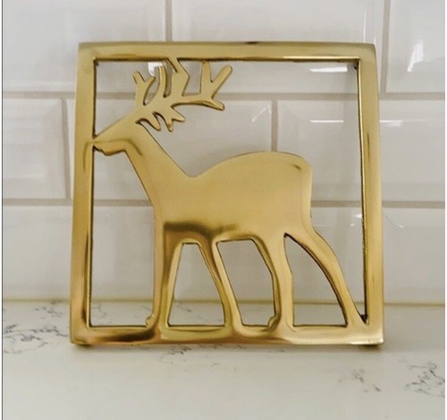 Crate & Barrel Gold Metal Reindeer Figurine Trivet Brass Square Christmas 8” NEW - Picture 10 of 14