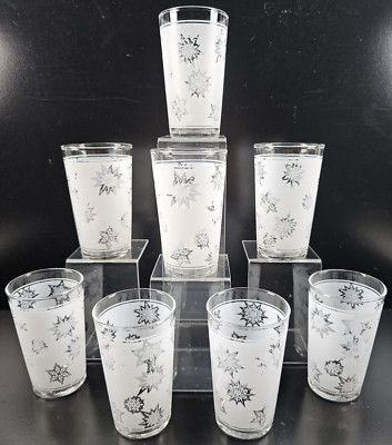 8 Federal Atomic Snowflake Tumbler Glass Set Vintage White Frost Holiday MCM Lot