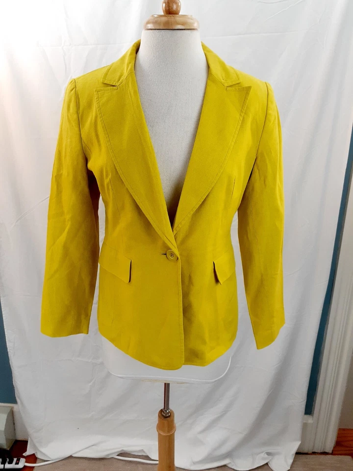Chadwicks Classic Womens Sz 8P Petite Chartreuse Green Linen Blend Blazer Career - Image 2 of 4