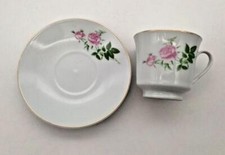 ☕ OVP: 4 Espressotassen + 1 Teller, Porzellan weiß Rosen-Dekor Goldrand - 1990er