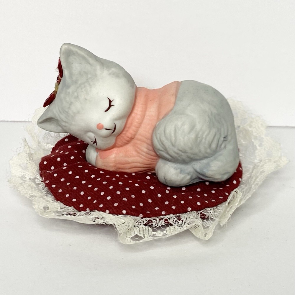 Vintage Sleeping Cat On Cushion 3” Bisque Figurine