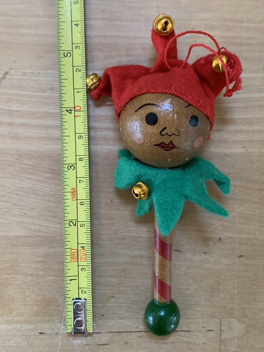 VINTAGE WOOD HEAD CLOWN JESTER with FELT HAT BELLS ON STICK CHRISTMAS  ORNAMENT