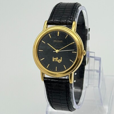 #ad Vintage 2001 Men#x27;s PULSAR Intel Award Gold Tone Watch Black Dial 34mm V501 X024 $23.99