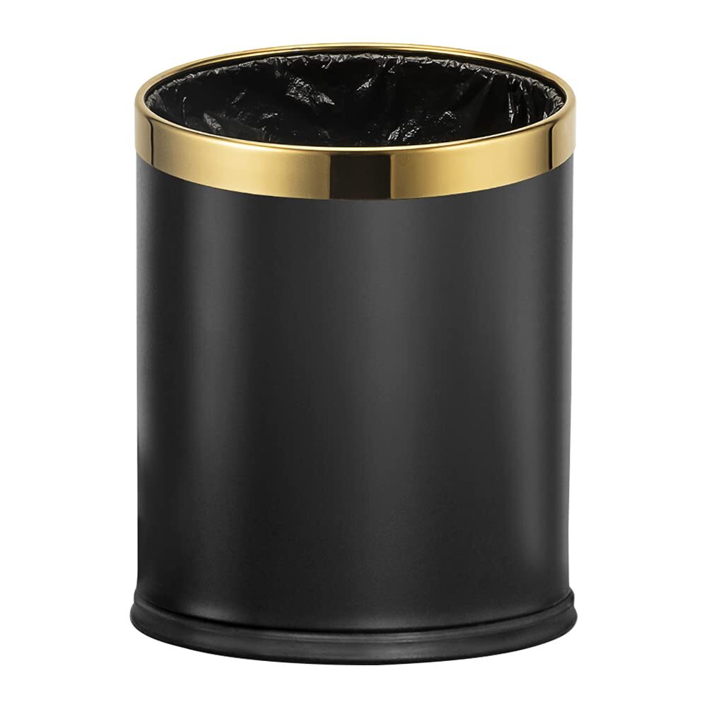 LEASYLIFE10L/2.6GAL Black and Gold Open Top Trash can Black Metal Office Wa...