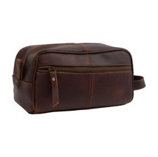 Genuine Buffalo Leather Unisex Toiletry Bag Travel Dopp Kit Grooming and Shav...