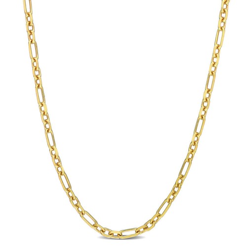 AMOUR 3mm Diamond Cut Figaro Chain Necklace In Yellow Plated Sterling Silver, 20