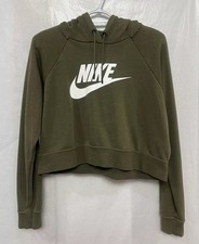 Nike Womens Olive Green Cropped Hoodie Fleece Pullover Swoosh Logo Size M