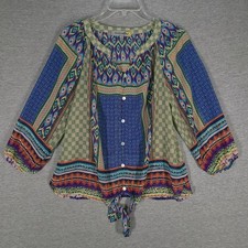 Figueroa  Flower Blouse Womens Small Multicolor Boho Peasant Top Tie Front