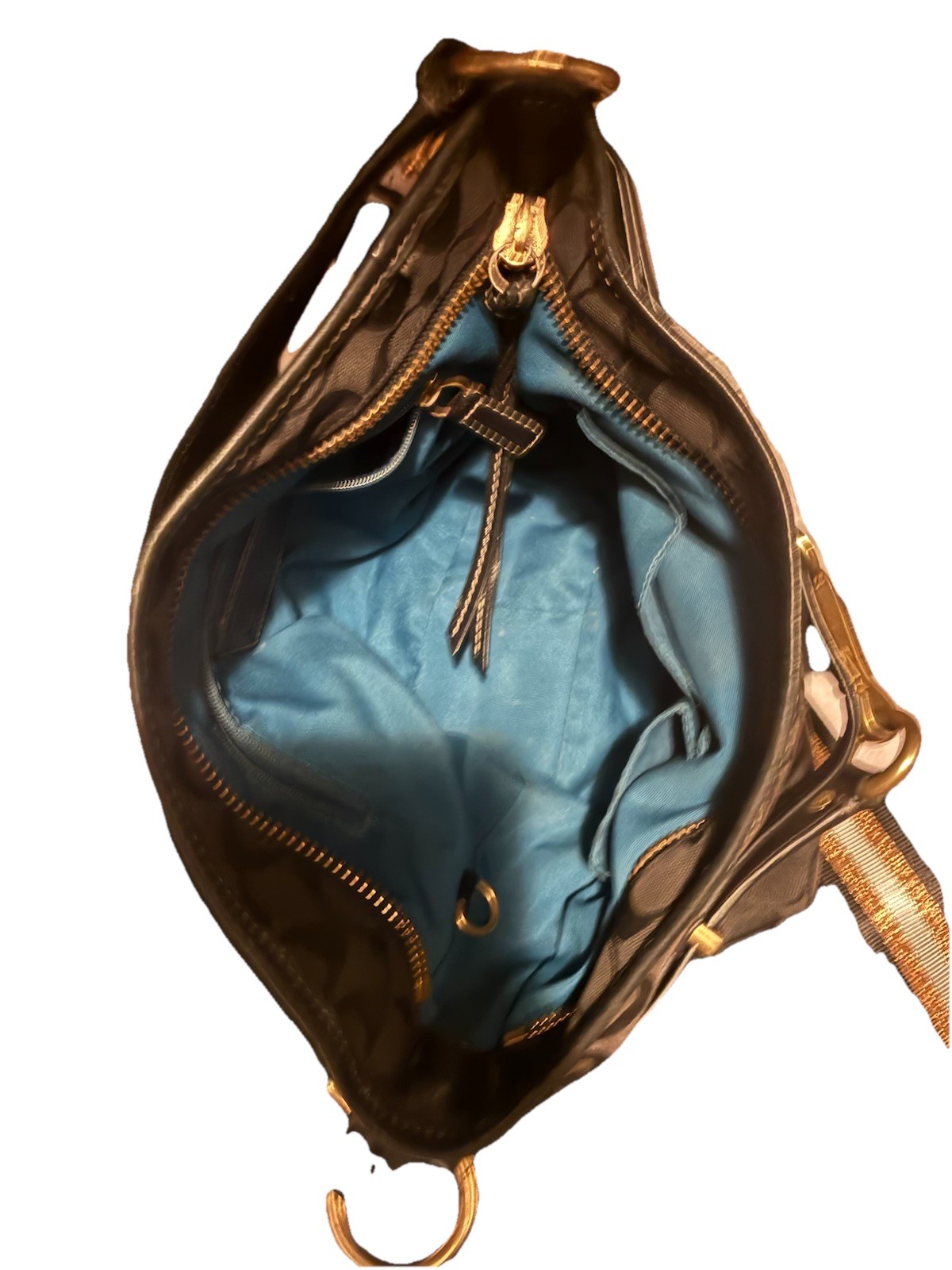 Coach Shoulder Bag Black Gold Hardware Blue Lining Logo Accent