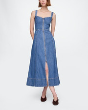 Gap UltraSoft Denim Maxi Dress Women Medium Blue Full Zip Sleeveless Cotton
