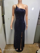 AQUA - One shoulder Sequin Evening Gown / Prom Dress - Size 6 - Navy Blue - NWT