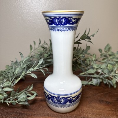 Vintage Porcelanas Ibis Portugal Blue White Scrollwork Porcelain Bud Vase 7.5 