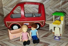 Vtg Little Tikes Dollhouse Lot Van Mom Dad Vacuum Kitchen Cradle Furniture