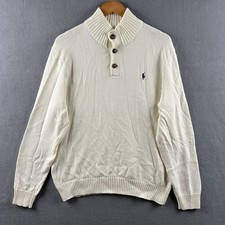 Polo Ralph Lauren Sweater Mens Large Ivory Mock Neck 3-Button Pullover Pony Logo