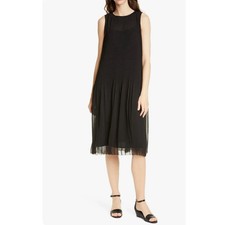 Eileen Fisher Dress Womens M Sheer Black Pleated Shift Basic Ruffle Drop Waist