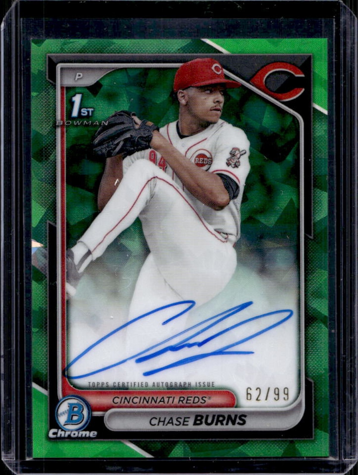 2024 Bowman Draft Sapphire Chase Burns Chrome Auto Green 1st #62/99