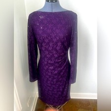 Chaps Ralph Lauren Purple Sequin Lace Dress Sz 12 Long Sleeve Cocktail Ruched